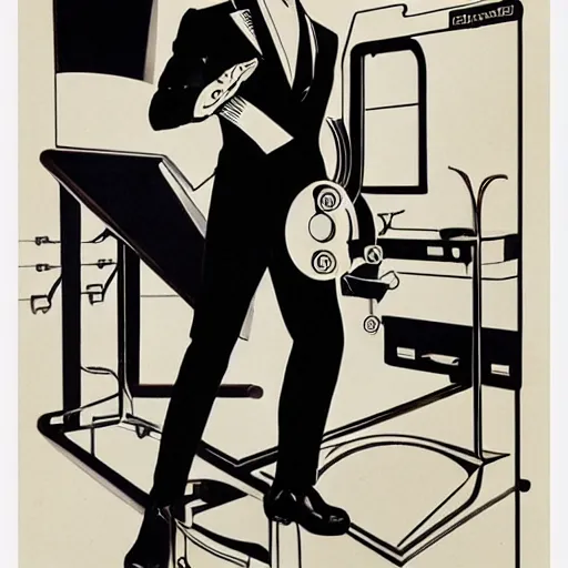 Prompt: man in futurist 6 0 ´ s lab, machines and futurist robots, leyendecker style, black suit