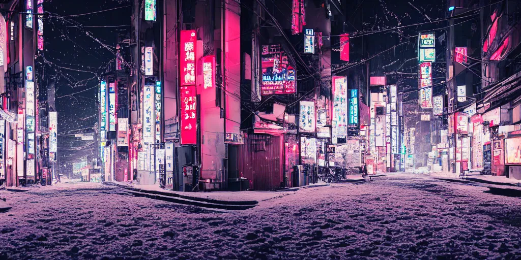 Prompt: a city street at night, snowing, photograph, cyberpunk, sharp focus, intricate detail, drone shot, high resolution, 8k, neon streetlights, wires hanging down everywhere, Japan, colourful, Shrine in centre,