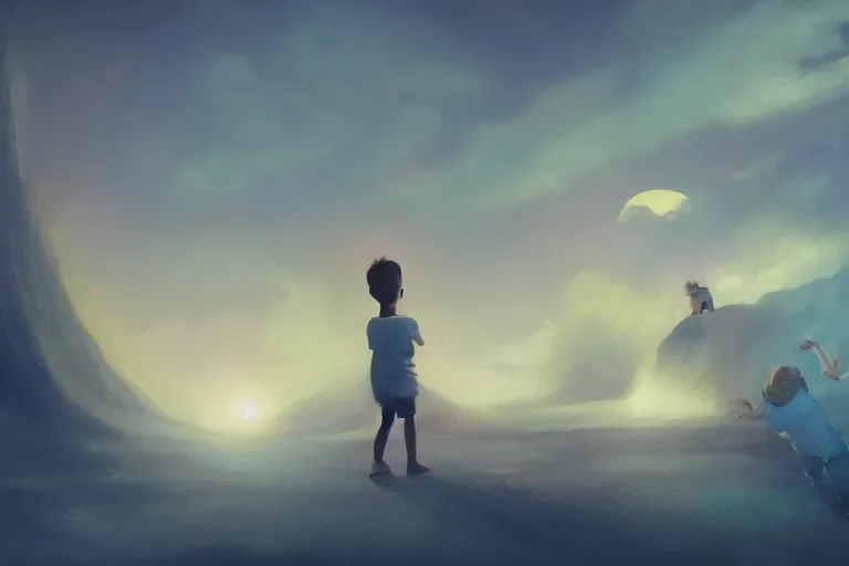 Image similar to a cute little boy and a girl wave their hands, front facing, dreamy matte painting, night time, volumetric lighting, smooth, trending on artstation, moonlit backdrop