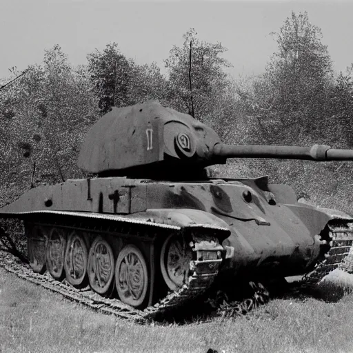 Image similar to a nazi panther tank that has been destroyed, black and white, film grain,