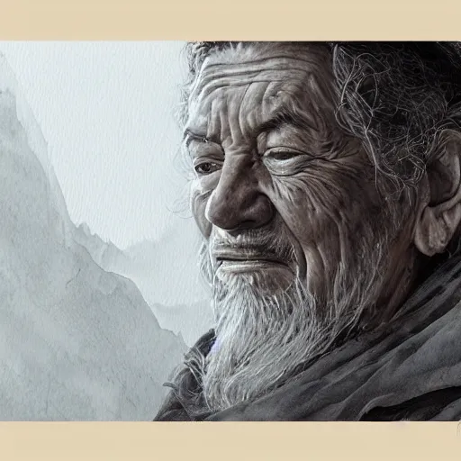 Image similar to portrait, elderly male druid, watercolor, dramatic lighting, cinematic, establishing shot, extremely high detail, foto realistic, cinematic lighting, pen and ink, intricate line drawings, by Yoshitaka Amano, Ruan Jia, Kentaro Miura, Artgerm, post processed, concept art, artstation, matte painting, style by eddie mendoza, raphael lacoste, alex ross