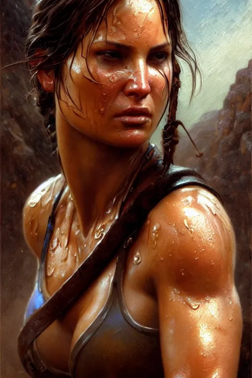 Image similar to muscular sweat and wet, lara croft, exhausted face close up, highly detailed painting by gaston bussiere, craig mullins, j. c. leyendecker 8 k