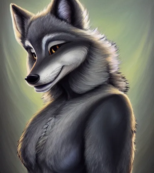 Prompt: full body oil painting of anthromorphic furry female wolf, in style of zootopia, female fursona, furry, furaffinity, 4 k, deviantart, furry art, fursona art, wearing black business suit, wearing business suit, wolf fursona, expressive feminine face, female,