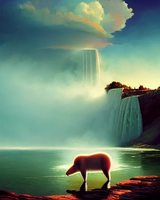 Image similar to white capybara at niagra falls, surreal photography, sunrise dramatic light, impressionist painting, colorful clouds, digital painting, artstation, kilian eng, john harris, bastien lecouffe - deharme, simon stalenhag, flower face