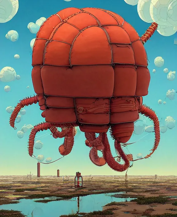 Image similar to inflated industrial plant made from fat isopod lobster octopus, in the style of puffy spaceship, botany, partly cloudy, spooky, dramatic lighting, by geof darrow, bill sienkiewicz, dan mumford, yusuke murata, makoto shinkai, ross tran, cinematic, unreal engine, cel shaded, featured on artstation, pixiv