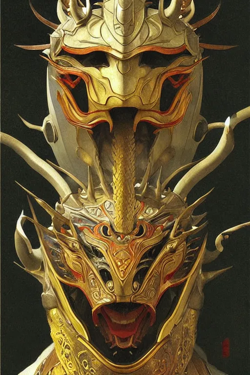 Image similar to portrait of a gullum is a chinese dragon in armor and helmet, majestic, solemn, symmetrical, detailed intricate, hyper realistic, by bouguereau