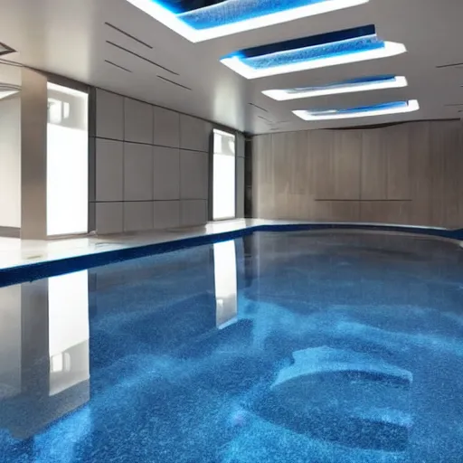 Image similar to a startrek futuristic with walls and floor made of blue granite. There is a small swimming pool on the floor