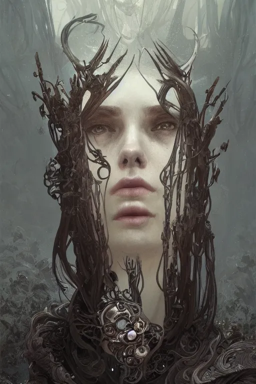 Prompt: A full portrait of a beautiful terrible dystopian boneyard nordic necromancer sorcerer enchanter, intricate, elegant, highly detailed, digital painting, artstation, concept art, smooth, sharp focus, illustration, art by Krenz Cushart and Artem Demura and alphonse mucha