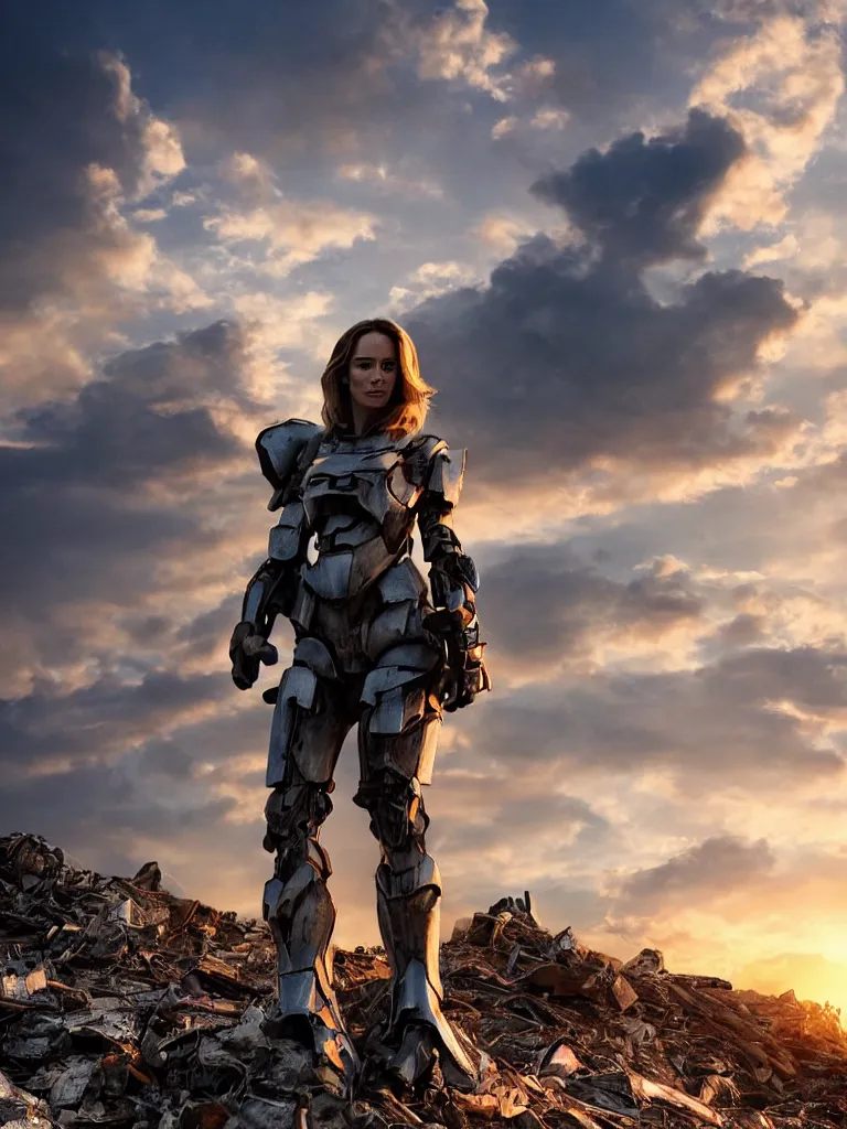 Prompt: emily blunt in futuristic power armor, close up portrait, solitary figure standing atop a pile of rubble, sunset and big clouds behind her