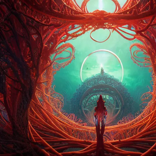 Prompt: breathtakingly detailed art nouveau ultrawide angle photo, alien ocean coral structures frame circle, closeup a humans energy field emitting bright glowing ripples, bizarre overgrown alien temple in background, vivid caustics, symmetry, very low angle shot, smoke rises from the coral reflections, by studio ghibli, peter mohrbacher, fenghua zhong, ruan jia