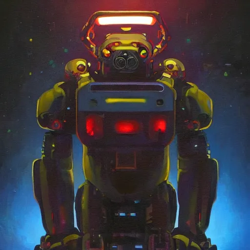 Prompt: a dark and colorful close - up of a sci - fi mecha bear robot with led lights glowing fog in the background. highly detailed science fiction painting by norman rockwell, frank frazetta, and syd mead. rich colors, high contrast, gloomy atmosphere, dark background. trending on artstation