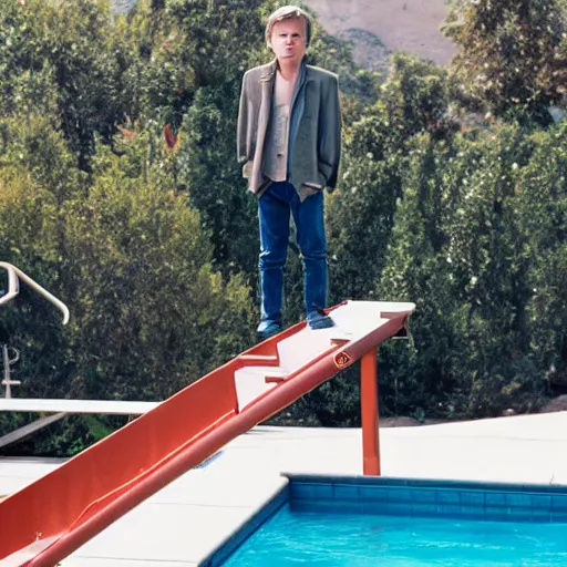 Image similar to young river phoenix standing on a diving board above a pool, red weapon 8 k s 3 5, cooke anamorphic / i lenses, highly detailed, cinematic lighting