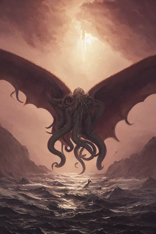 Image similar to cthulhu emerging from the ocean with wings spread, digital art, magic the gathering, a mountain walked or stumbled, mtg, by greg rutkowski, trending on artstation