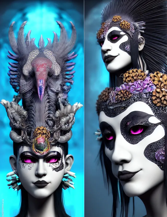 Image similar to 3 d goddess close - up profile portrait punk with mohawk with ram skull. beautiful intricately detailed japanese crow kitsune mask and clasical japanese kimono. betta fish, jellyfish phoenix, bio luminescent, plasma, ice, water, wind, creature, artwork by tooth wu and wlop and beeple and greg rutkowski