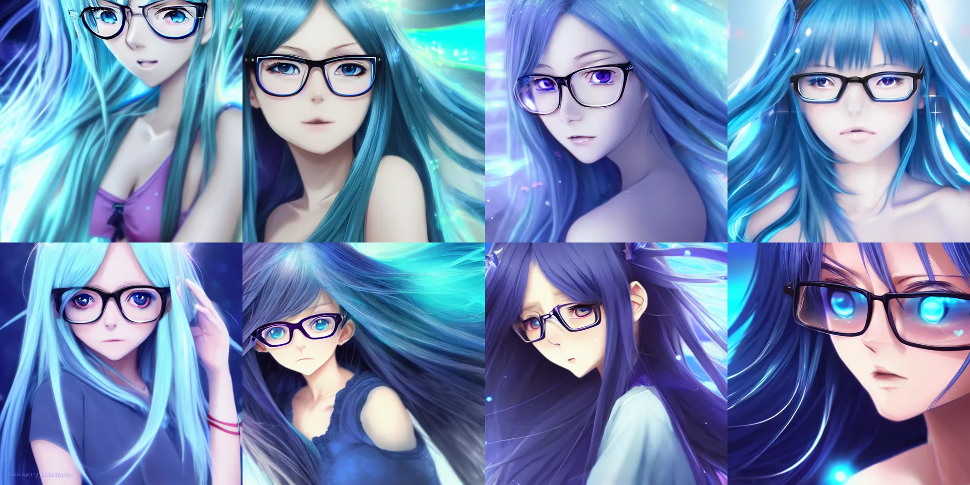 Prompt: very beautiful anime girl with glasses, long blue hair, azure blue watery eyes, full round face, seductive over the shoulder glances, medium shot, mid-shot, lens flare, with bloom ethereal effects, in extremely cute realistic digital art style, highly realistically detailed, cinematic lighting, Unreal Engine 4k, ultra HD, hyperdetailed, vibrant, trending on pixiv, trending on ArtStation, Stanley Artgerm Lau, WLOP, Rossdraws, James Jean, Marc Simonetti, Sakimichan