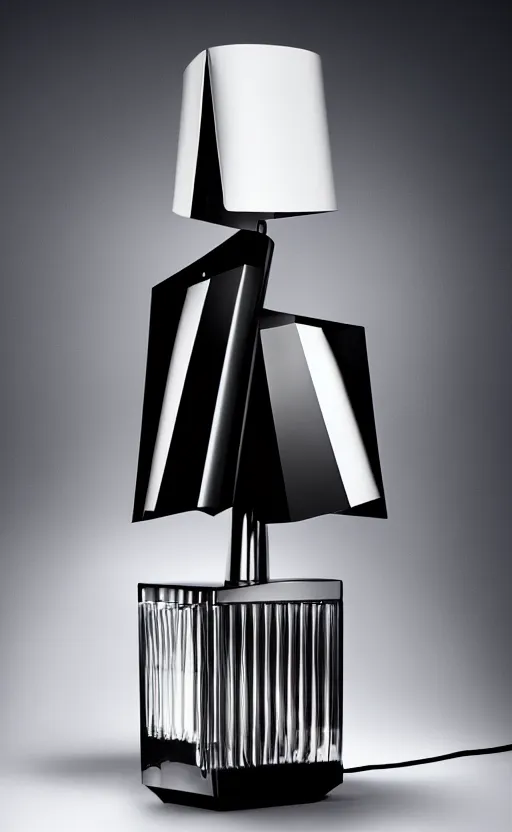 Image similar to a table lamp designed by armani in the shape of perfume, advertising photography, color gradient background