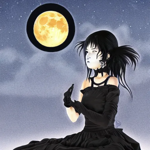 Image similar to goth girl wearing a gothic dress and a gas mask meditating in front of the moon drawn by naoko takeuchi, highly detailed, octane render