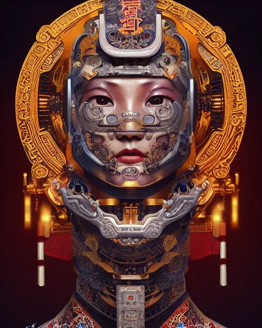 Prompt: portrait of a machine, machine face, upper half portrait, decorated with chinese opera motifs, asian, bian lian, traditional chinese art, intricate, elegant, highly detailed, symmetry, digital painting, artstation, concept art, smooth, sharp focus, illustration, art by artgerm and greg rutkowski and alphonse mucha, 8 k