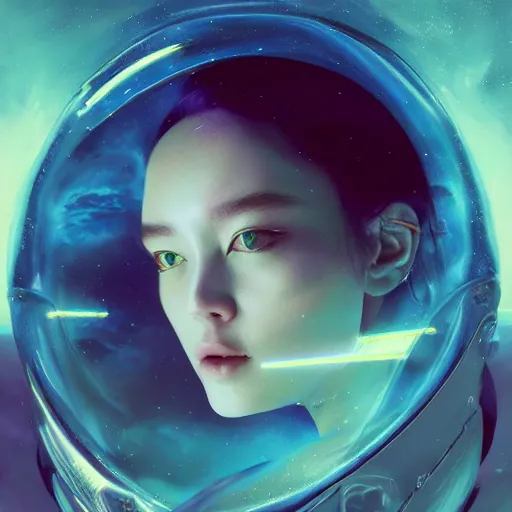 Prompt: sci - fi, close - up, 3 d, moon rays, night, sleepy fashion model face, cinematic, clouds, sun rays, vogue cover style, poster art, blue mood, realistic painting, intricate oil painting, high detail illustration, figurative art, multiple exposure, poster art, 3 d, by tooth wu and wlop and beeple and greg rutkowski