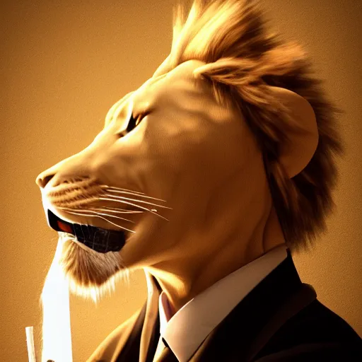 Image similar to a lion smoking a cigar wearing a suit, subject= lion, subject detail: wearing a suit, subject action: smoking a cigar, dramatic lighting, cinematic lighting, establishing shot, photorealistic, high details, cinematic, 8k resolution, extremly detailed, photorealistic, artstation, unreal engine