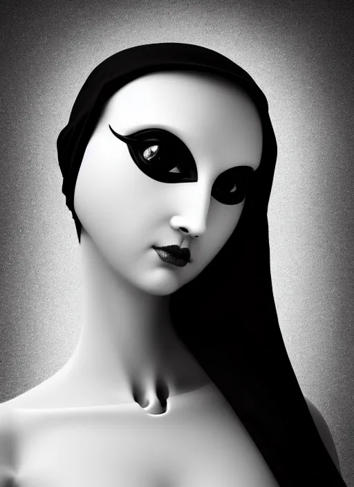 Prompt: surreal mythical dreamy dark artistic black and white fine art fashion portrait photo of a young beautiful delicate female robot - owl - nun praying, spiritual, halo, glory, rim light, cinematic, studio dramatic light, poetic, masterpiece, octane render, 8 k, photo - realistic by william bouguereau man ray