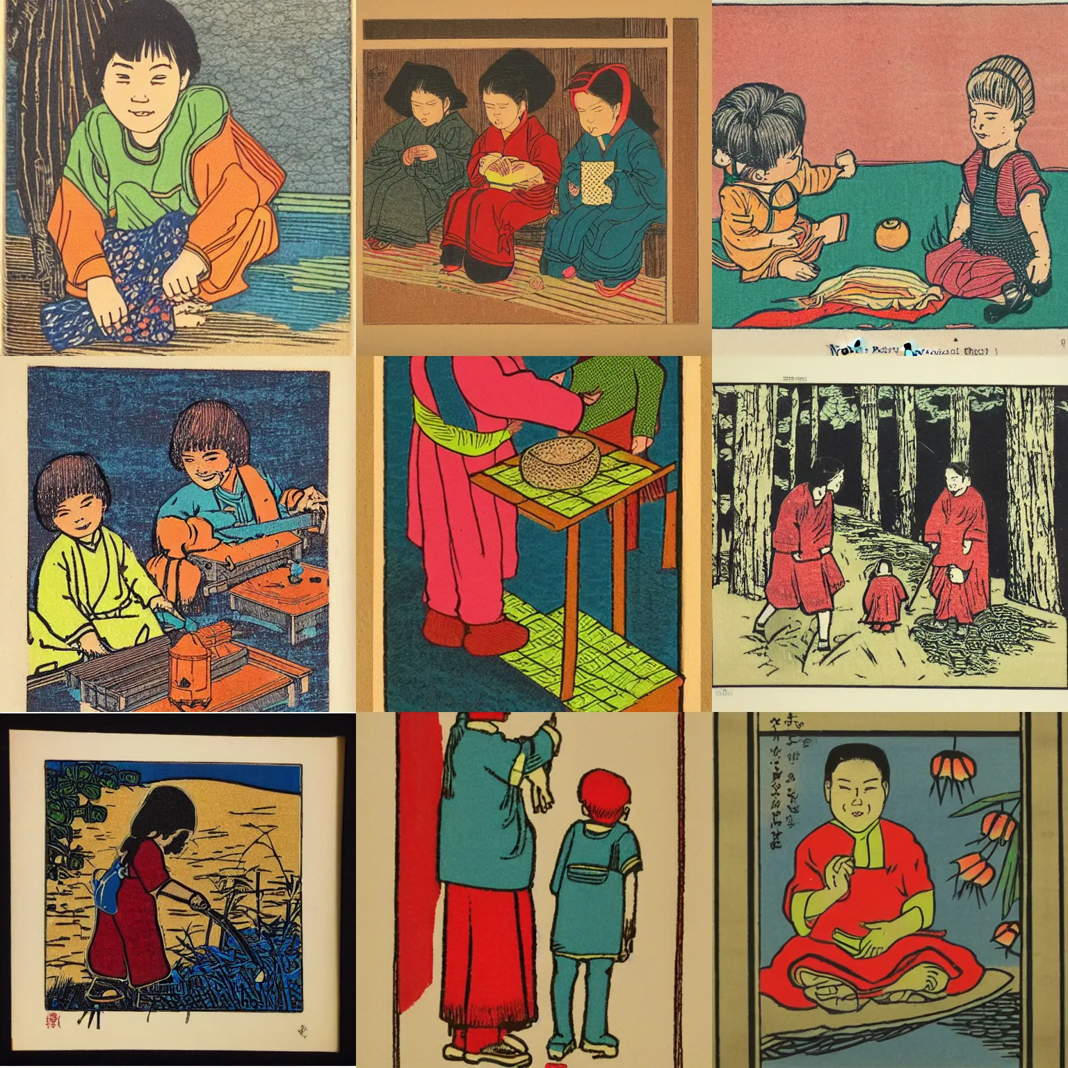 Prompt: master color woodblock print, about childhood