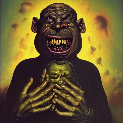 Image similar to oil painting with black background by christian rex van minnen robert williams todd schorr of a portrait of an extremely bizarre disturbing mutated man with acne intense chiaroscuro lighting perfect composition masterpiece