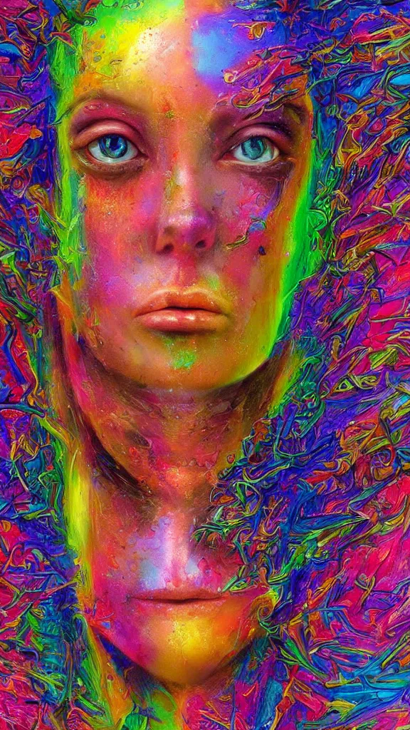 Image similar to hyperrealistic abstract close-up female! portrait Renaissance psychedelic!! celestial happy! pure creature!! perfect!! face! peaceful! kind spirit of nature! beautiful fractal!! eyes! highly detailed concept art eric zener elson peter cinematic hard rainbow lighting high angle hd 8k sharp shallow depth of field endless, inspired by Zdzisław Beksiński Salvador Dali
