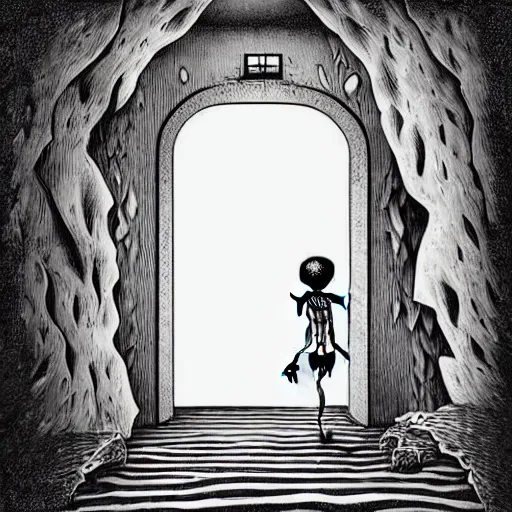 Prompt: storybook illustration of an open wardrobe revealing the entrance to a fantastic world featuring surreal horror skeleton, storybook illustration, monochromatic