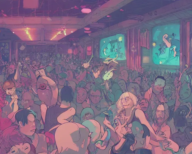 Prompt: a study of cell shaded cartoon of fairies raving in a nightclub, illustration, wide shot, subtle colors, post grunge, concept art by josan gonzales and wlop, by james jean, Victo ngai, David Rubín, Mike Mignola, Laurie Greasley, highly detailed, sharp focus, alien, Trending on Artstation, HQ, deviantart, art by artgem