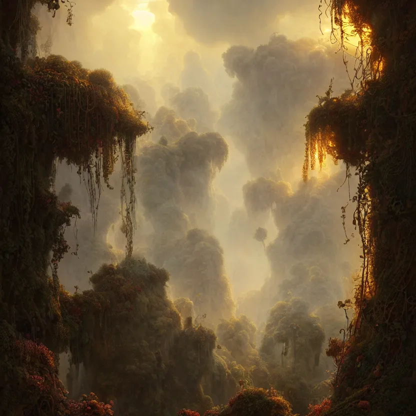 Prompt: organic blobs and tendrils explode out ; beautifully lit by the sunset in mist ; by ferdinand knab and rembrandt van rijn ; very detailed, 3 d rendered matte painting unreal engine, inked cel edges