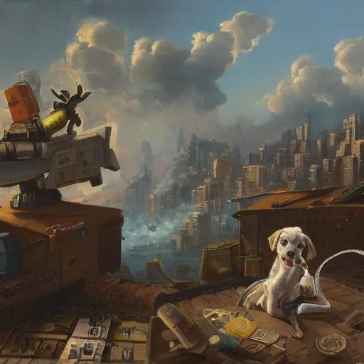 Image similar to a dog and a robot watching destroyed city from a rooftop, painting