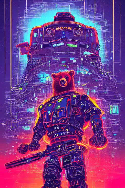 Image similar to a portrait of a bear with thunders in the sky in a future cybernetic city, outrun style and colours, trending on arstation, by dan mumford, by ross tran