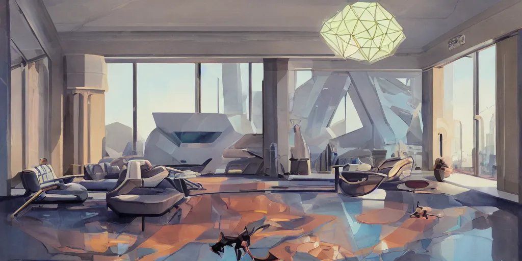 Image similar to a beautiful illustration of futuristic interior hall, lots of furniture, sofa, waiting room, big medium small, sacred geometry, golden ratio, in watercolor gouache detailed paintings, in style of syd mead, trending on artstation,8k, panel, hard surface, vent, zaha hadid, props, plant, cozy,decoration around the room, simon stalenhag, deus ex