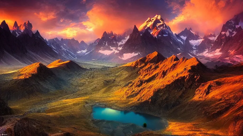 Image similar to amazing landscape photo of mountains with lake in sunset by marc adamus, beautiful dramatic lighting