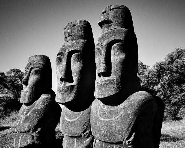 Prompt: black and white noir film. moai as lords of cannabis.