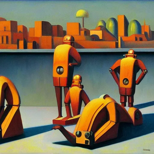 Image similar to prostrate robots, behemoth alien shaman god, grant wood, pj crook, edward hopper, oil on canvas