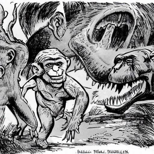 Prompt: A caricature illustration of hasbulla and a macaque running from dinosaurs, by mort drucker