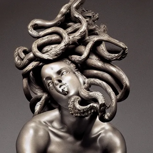 Prompt: a dramatic scene of a medusa statue sculpted in carved ebony by Bernini