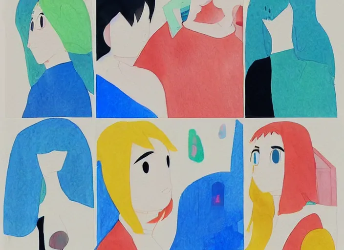 Image similar to studies of the protagonist by masaaki yuasa, pleasing palette watercolor and mixed media shape design