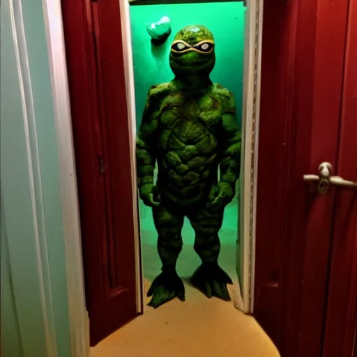 Prompt: grainy photo of a ninja turtle as a creepy monster in a closet, harsh flash