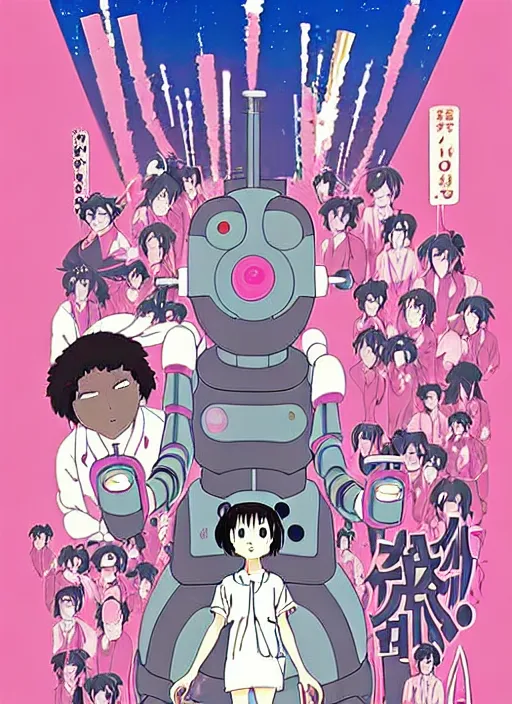 Image similar to a movie poster for a studio Ghibli film based on the song Yoshimi battles the pink robots, part 1. by the band the flaming lips; artwork by Hiyao Miyazaki and studio Ghibli; a Japanese girl is fighting a gigantic evil Pink Robot in an alley in Tokyo; highly detailed artwork by James jean and Phil noto