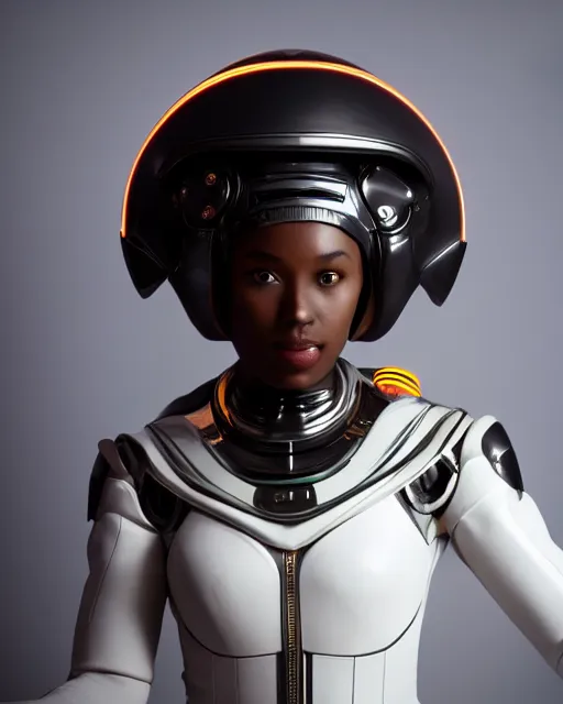 Prompt: centered medium shot fine studio photograph of a beautiful black girl wearing only a mecha futuristic electronic Maasai helmet with led lights, ultra-realistic, white background, 8k HDR sunset lit, intricate