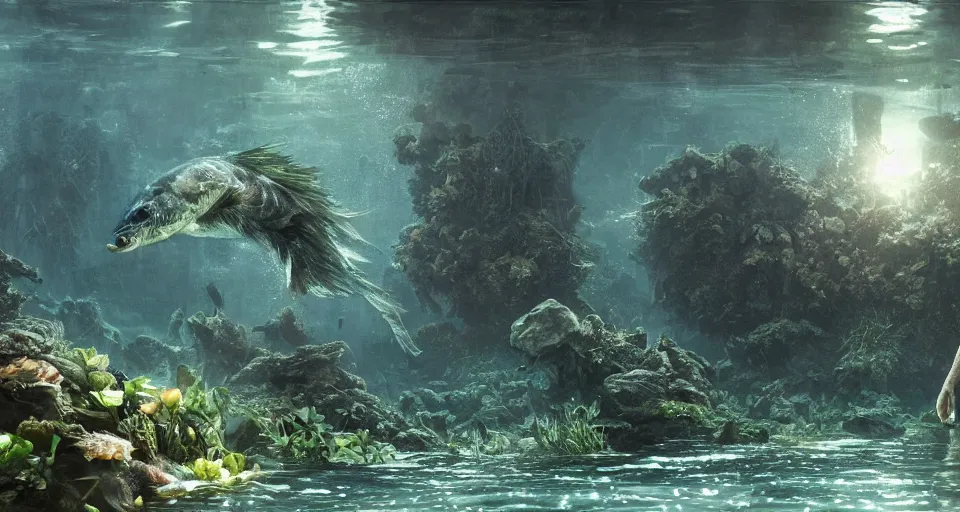 Image similar to highly detailed full body portrait of a zombie swimming underwater in a zombie - apocalypse, waterplants and fish in the background, lightreflections in the water, by greg rutkowski, octane render