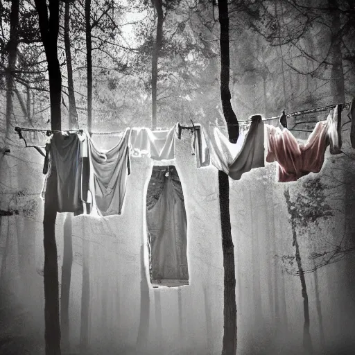 Image similar to clothes hanging on a clothes rack in a lonely eery forest, fever dream, award winning photography, dreamcore, weirdcore