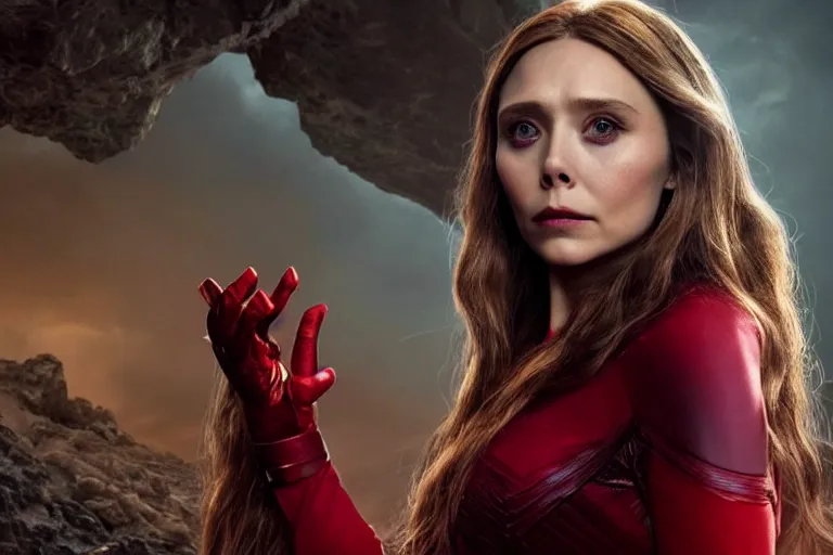 Image similar to movie still of elizabeth olsen as the scarlet witch, facing away from the camera, standing in the middle of a dark cave, holding red magic from her hands, illuminating the area, golden ratio!!!!!, centered, trending on artstation, 8 k quality, cgsociety contest winner, artstation hd, artstation hq, luminous lighting