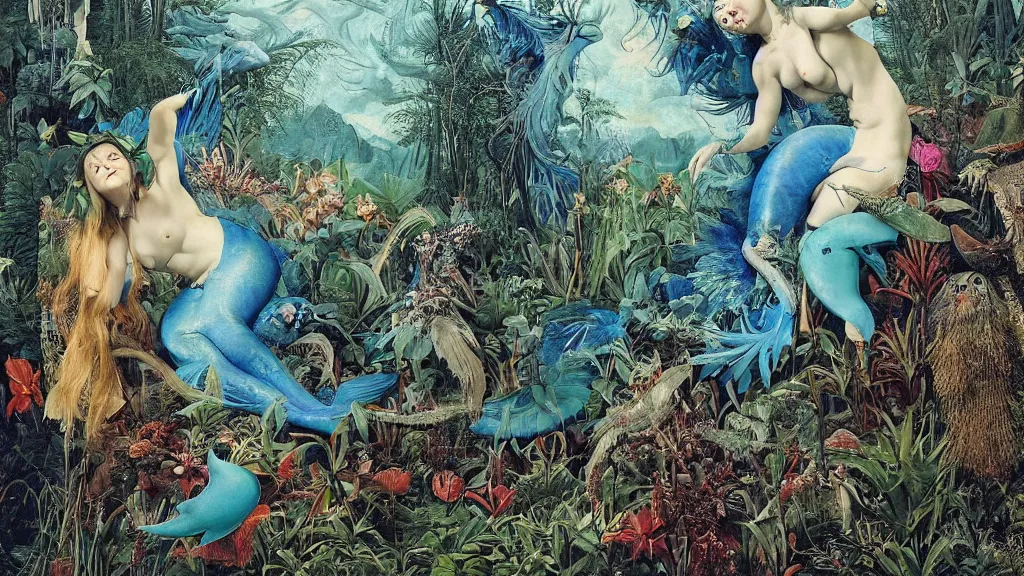 Image similar to a photograph of a grinning meditating blue harpy mermaid mutating into a savage fanged beast. surrounded by huge ferns and conifers. river delta with mountains under a blue sky full of burning stars and birds. painted by jan van eyck, max ernst, ernst haeckel, ernst fuchs and artgerm. trending on artstation, fashion editorial