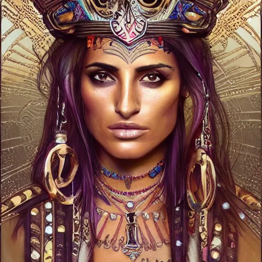 Prompt: an attractive young tattooed aztec female with piercings wearing an rainbow ornate metallic helmet, penelope cruz, olive skin, long dark hair, beautiful bone structure, intricate, elegant, highly detailed, digital painting, artstation, concept art, smooth, sharp focus, illustration, art by artgerm and greg rutkowski and alphonse mucha