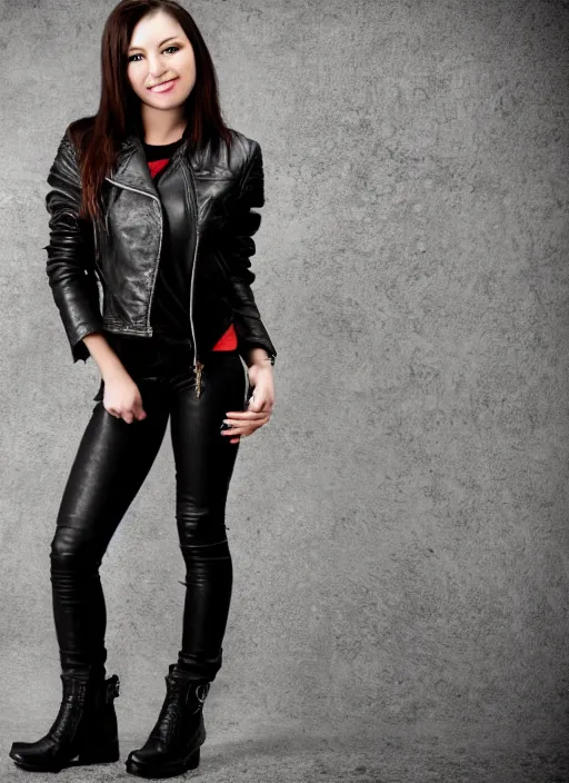 Image similar to young woman in her 20s, she wears a leather jacket and boots, full body shot, taken by a nikon, very detailed face