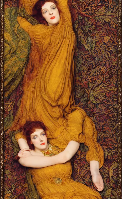 Image similar to preraphaelite full body portrait photography masterpiece hybrid of judy garland and florence welch, reclining, brown hair fringe, yellow ochre ornate medieval dress, kilian eng and william holman hunt, frederic leighton, ford madox brown, william morris, framed 4 k